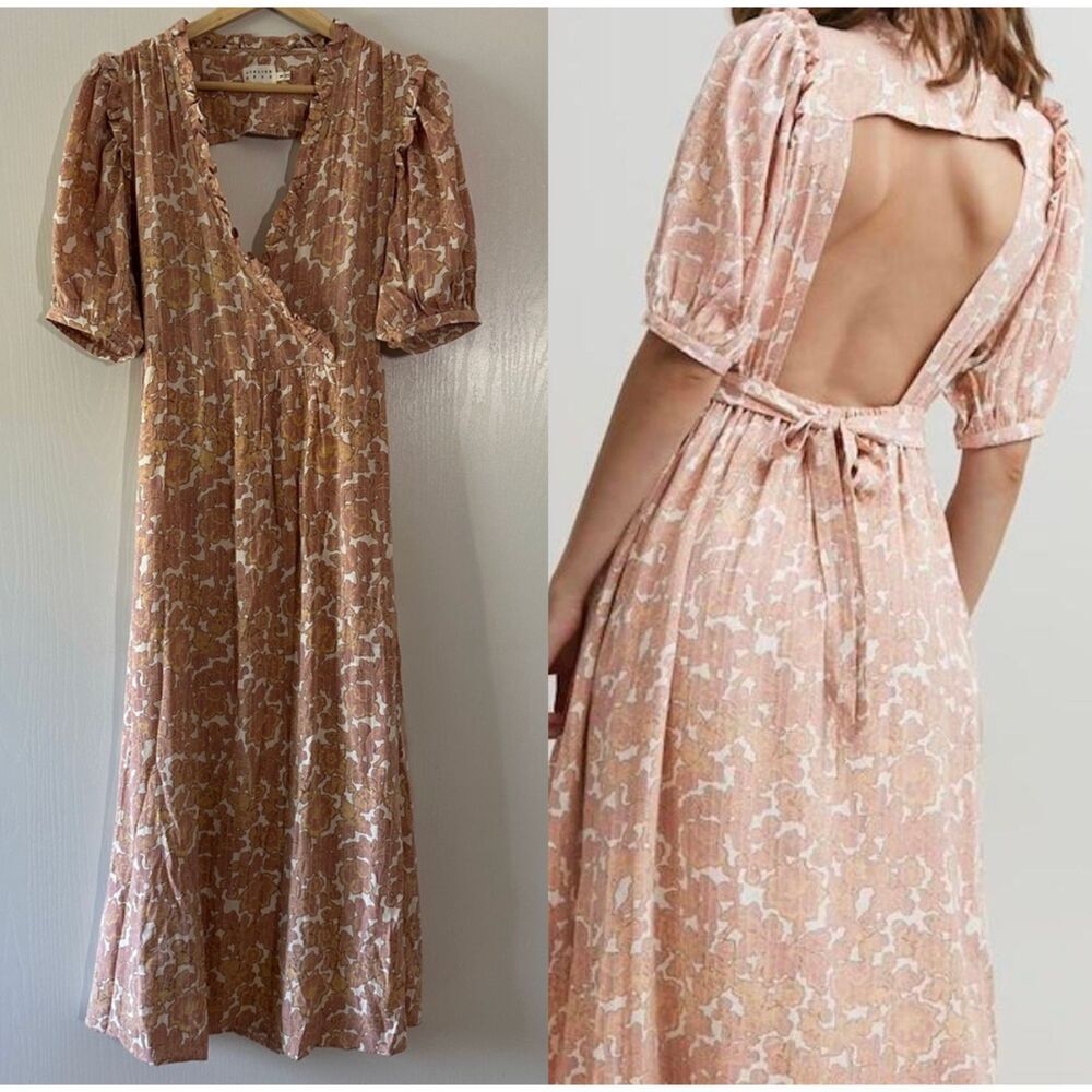 Atelier Rêve Womens Floral Maxi Open Back Dress Pink Cottagecore Size 36 Small 6